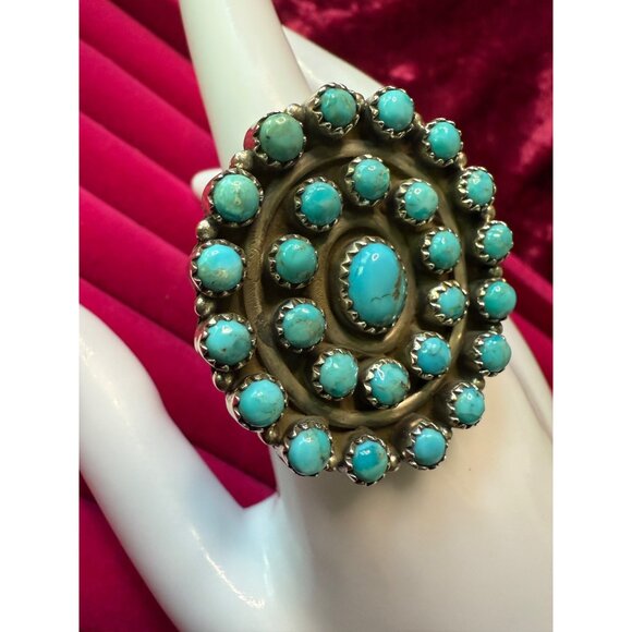 Zuni Sterling Silver Turquoise Snake Eye Petite Point  Statement Ring Size 9 - Picture 8 of 9